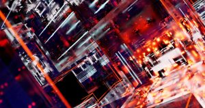 Abstrakt digitalt landskap med lysande datamönster