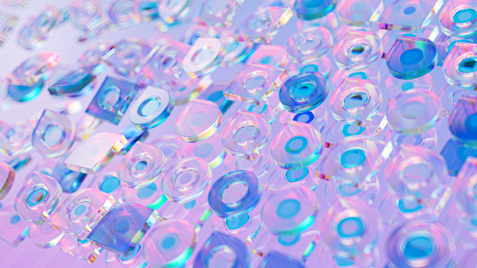 Abstrakt 3D-rendering med transparenta glasformer i holografiska färger