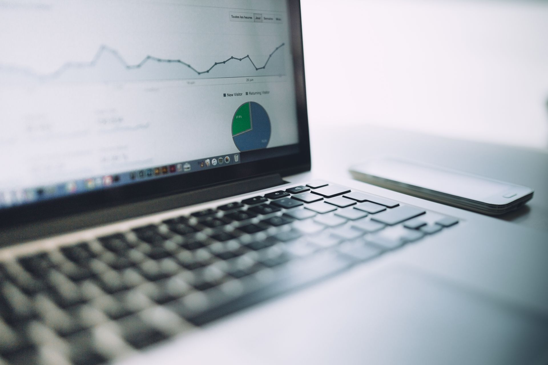 Laptop som visar en analysdashboard med diagram och grafer