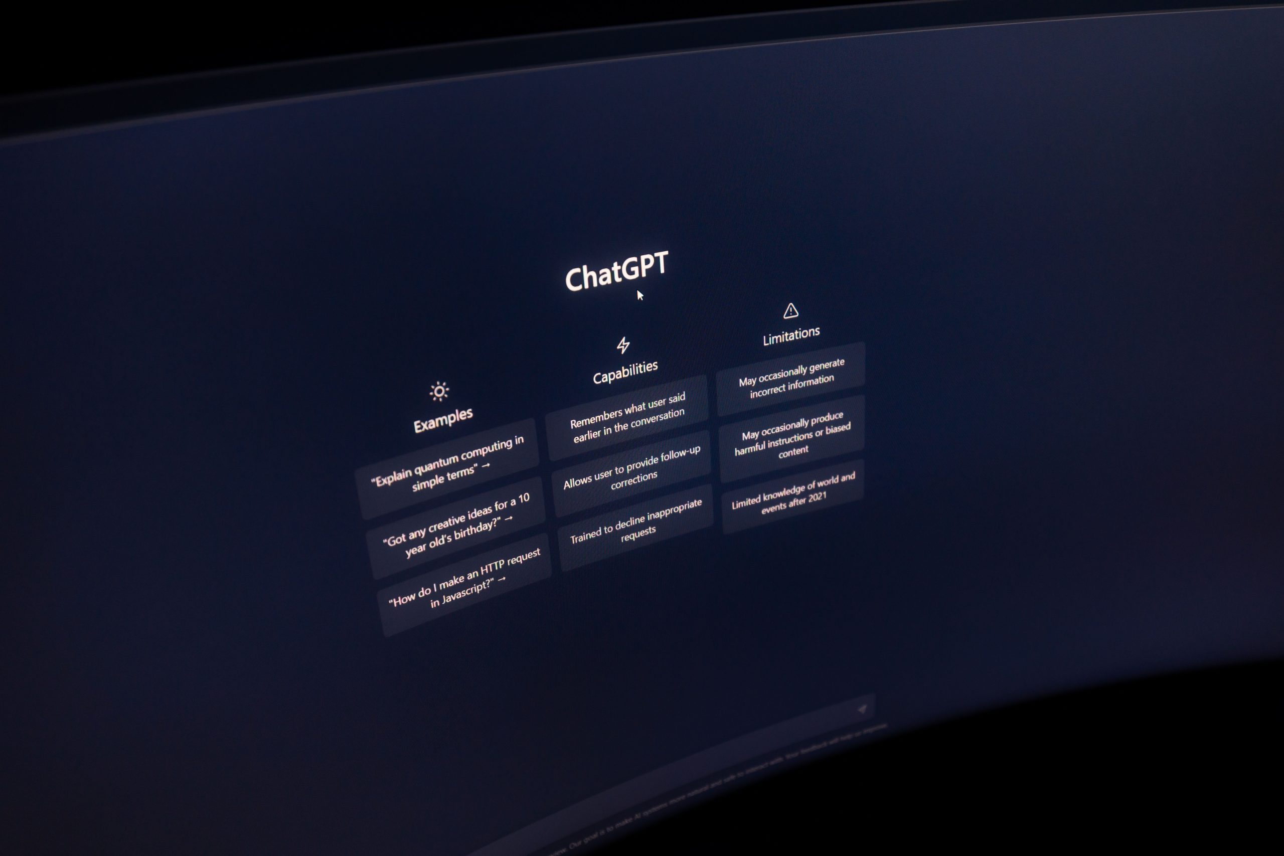 Välkomstskärm för en AI-chattbot på en datorskärm